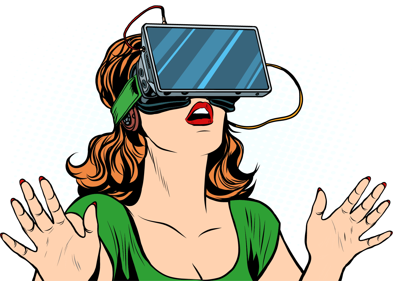 pop art woman with virtual reality headset looking for answers